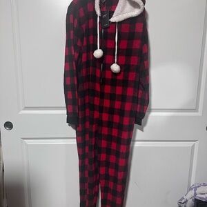 Plus Size Red and Black Plaid Hooded Onesie